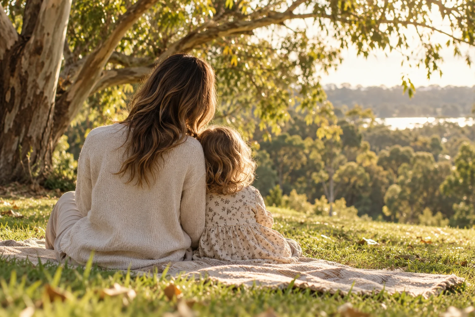 A mother and child sitting close together in a sunlit park