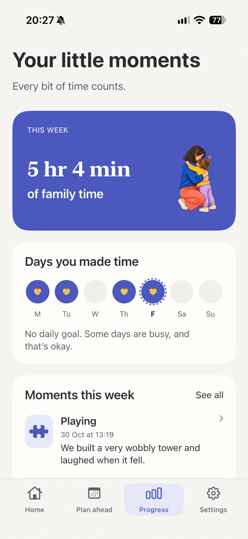 Progress screen showing family time and days with apps paused
